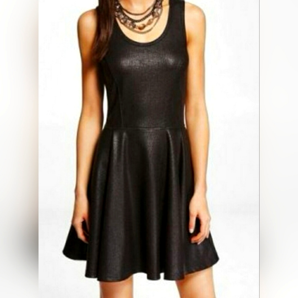Express faux leather look black skater dress.  Size Large